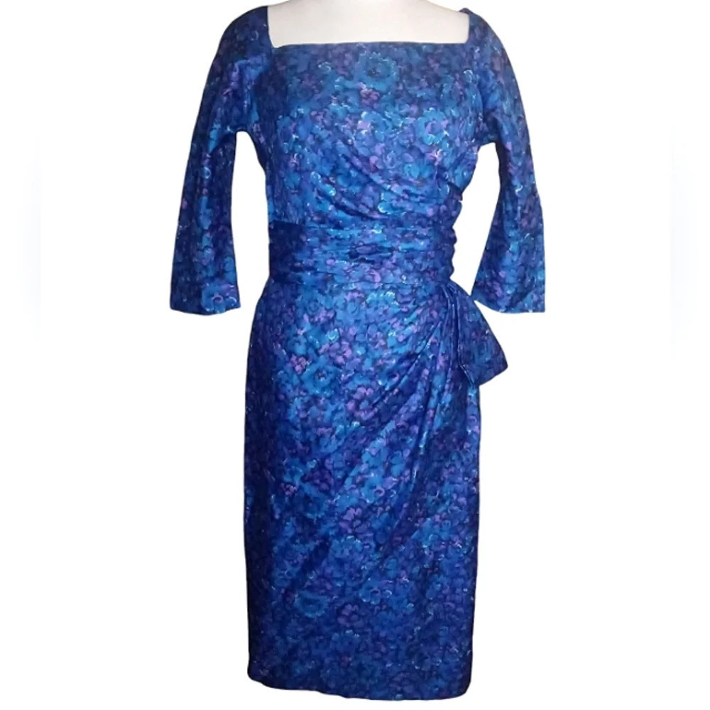 Vintage Milton Lippmann Abstract Floral Side Rouch Midi Length Dress Size Medium